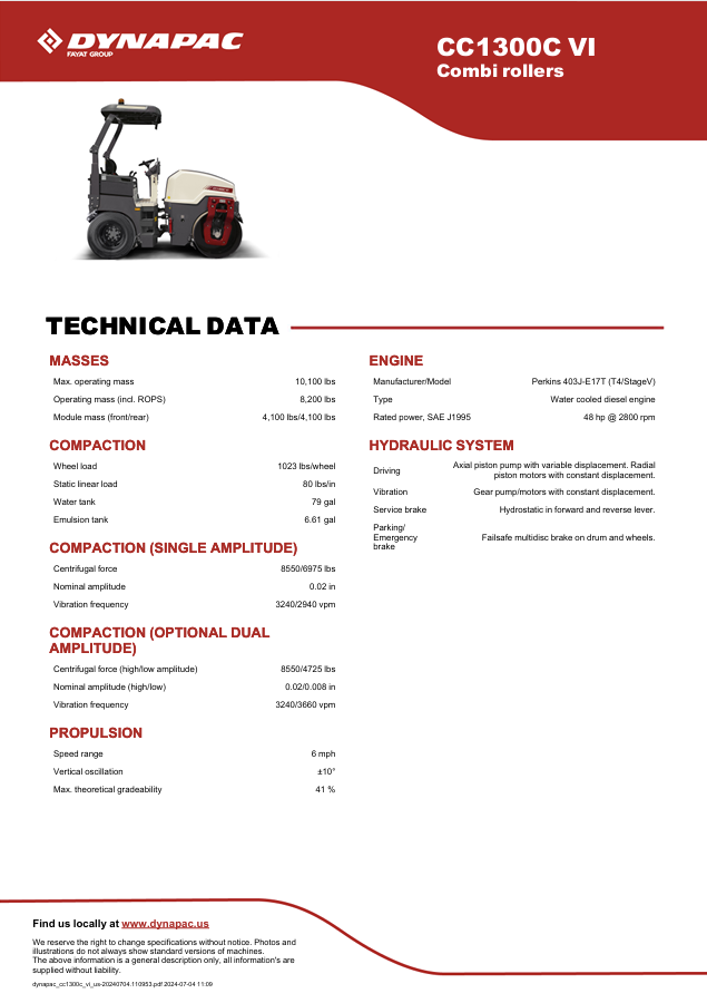 DYNAPAC CC1300C Specs Sheet